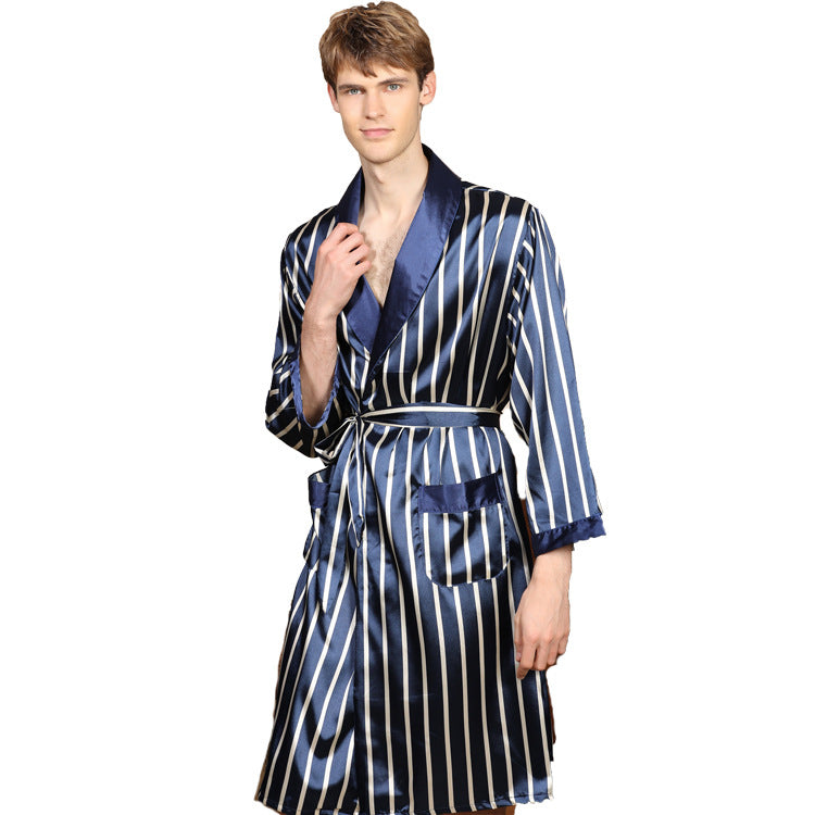 Cross-border men's one-piece artificial silk nightgown Spring and summer thin long-sleeved bathrobe Men's striped bathrobe