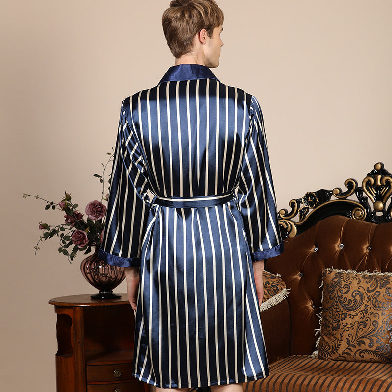 Cross-border men's one-piece artificial silk nightgown Spring and summer thin long-sleeved bathrobe Men's striped bathrobe