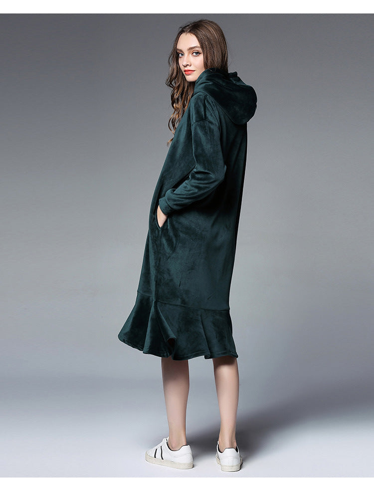 Europe and the United States 2025 large size women's autumn and winter fat mm long hooded sweater women's thick velvet bottoming skirt