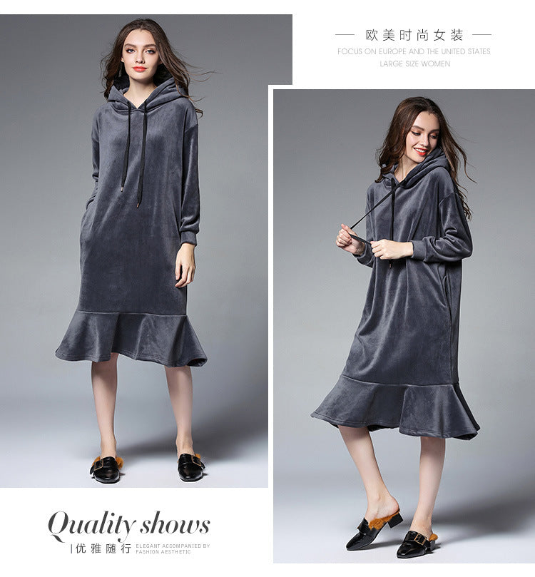 Europe and the United States 2025 large size women's autumn and winter fat mm long hooded sweater women's thick velvet bottoming skirt