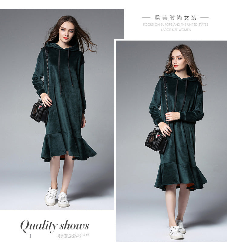 Europe and the United States 2025 large size women's autumn and winter fat mm long hooded sweater women's thick velvet bottoming skirt