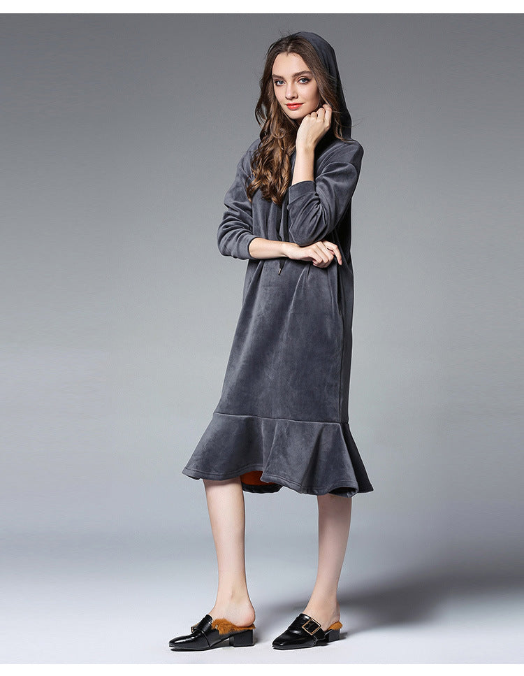 Europe and the United States 2025 large size women's autumn and winter fat mm long hooded sweater women's thick velvet bottoming skirt