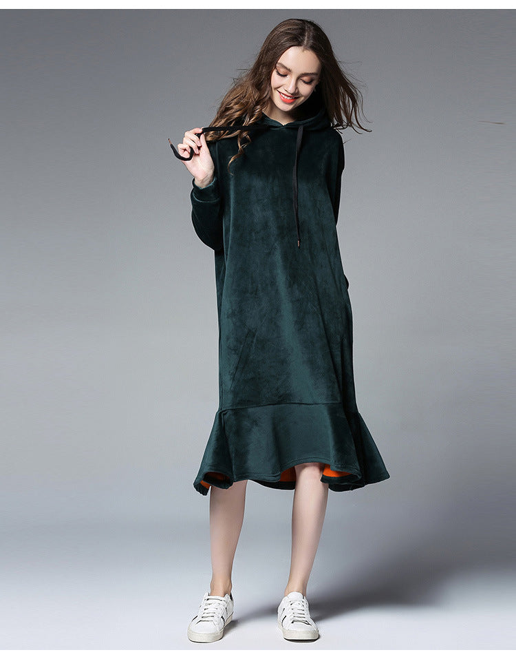 Europe and the United States 2025 large size women's autumn and winter fat mm long hooded sweater women's thick velvet bottoming skirt