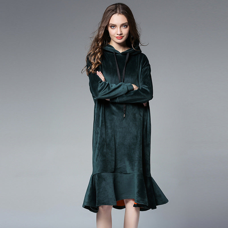 Europe and the United States 2025 large size women's autumn and winter fat mm long hooded sweater women's thick velvet bottoming skirt