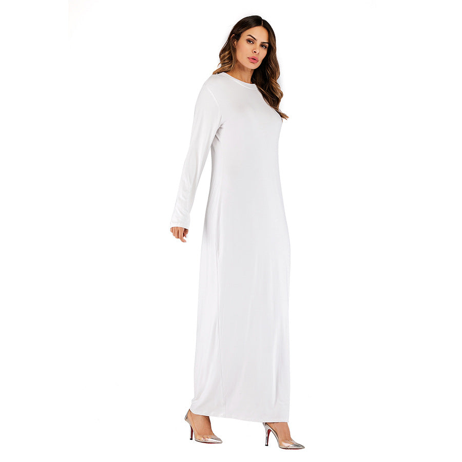 Europe and the United States trend modal cotton thin round neck long-sleeved solid color dress