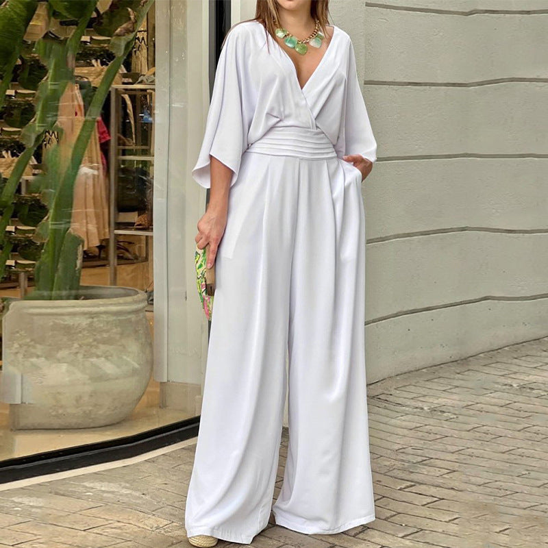 2025 Summer Cross-Border Independent Station Women's Jumpsuit Batwing Sleeve V-neck Backless Waist Trimming Loose Wide Leg Jumpsuit