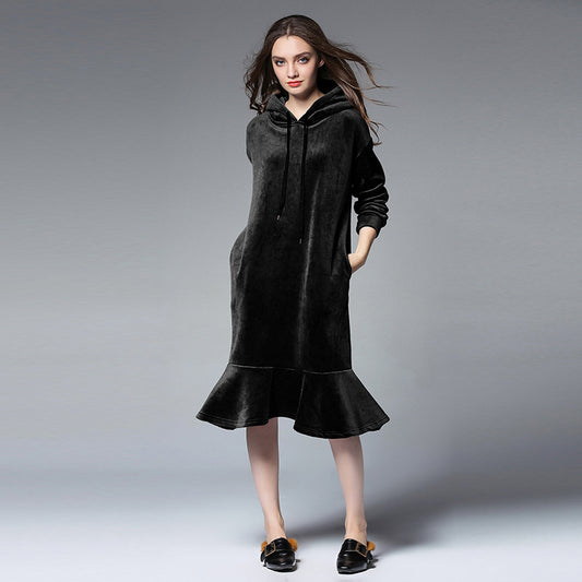 Europe and the United States 2025 large size women's autumn and winter fat mm long hooded sweater women's thick velvet bottoming skirt