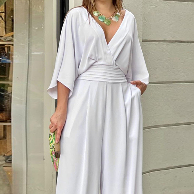 2025 Summer Cross-Border Independent Station Women's Jumpsuit Batwing Sleeve V-neck Backless Waist Trimming Loose Wide Leg Jumpsuit