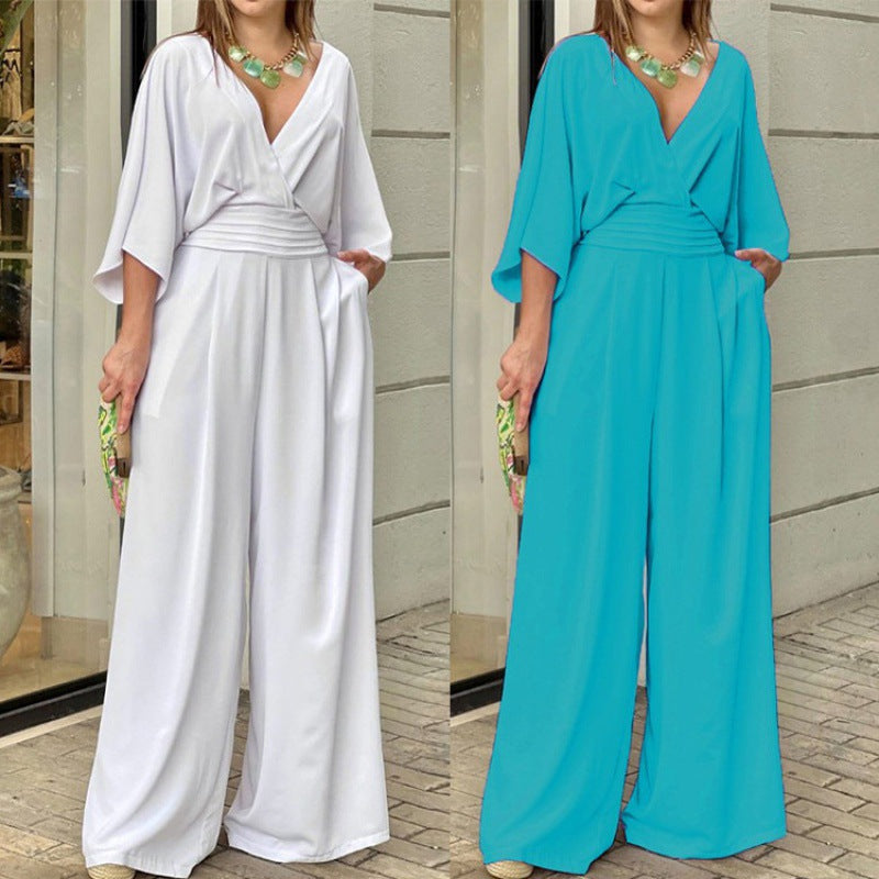 2025 Summer Cross-Border Independent Station Women's Jumpsuit Batwing Sleeve V-neck Backless Waist Trimming Loose Wide Leg Jumpsuit