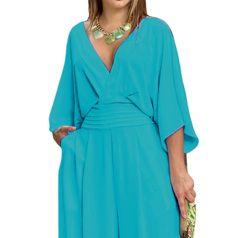 2025 Summer Cross-Border Independent Station Women's Jumpsuit Batwing Sleeve V-neck Backless Waist Trimming Loose Wide Leg Jumpsuit